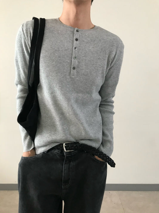 Ribbed Henley Knit LIGHT GRAY worn