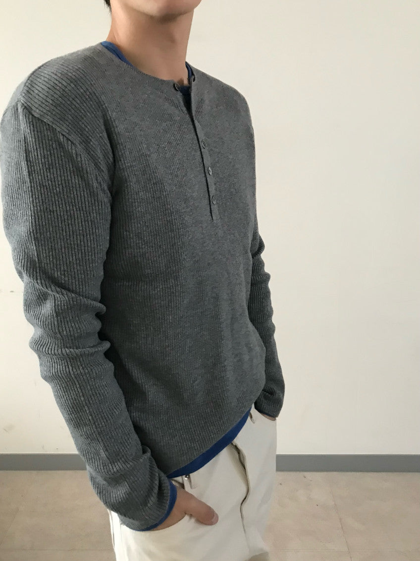 Ribbed Henley Knit CHARCOAL worn