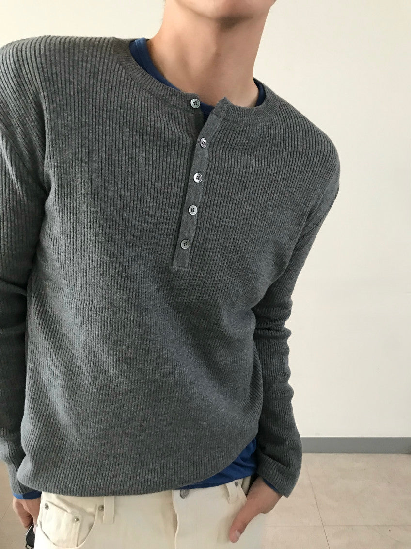 Ribbed Henley Knit CHARCOAL worn