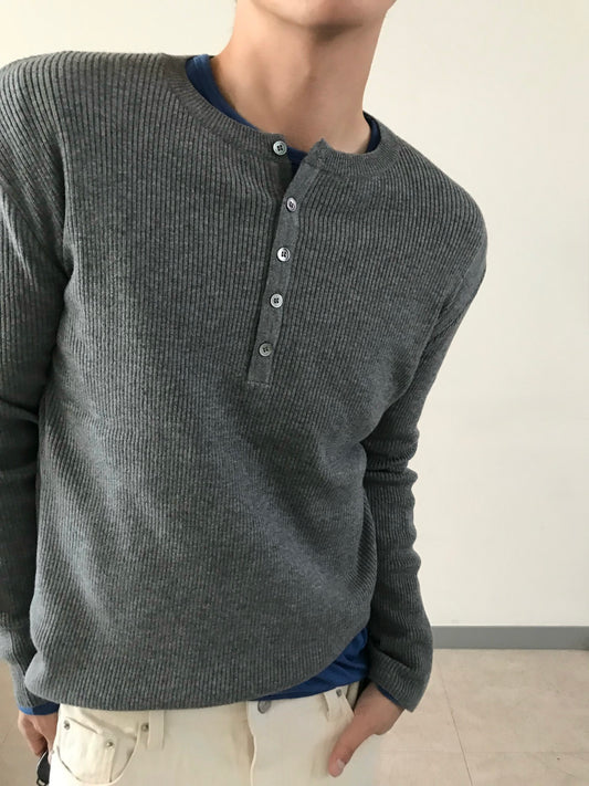 Ribbed Henley Knit CHARCOAL worn