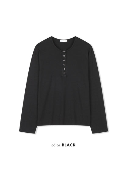 Slub Henley Neck Long Sleeve Tee BLACK
