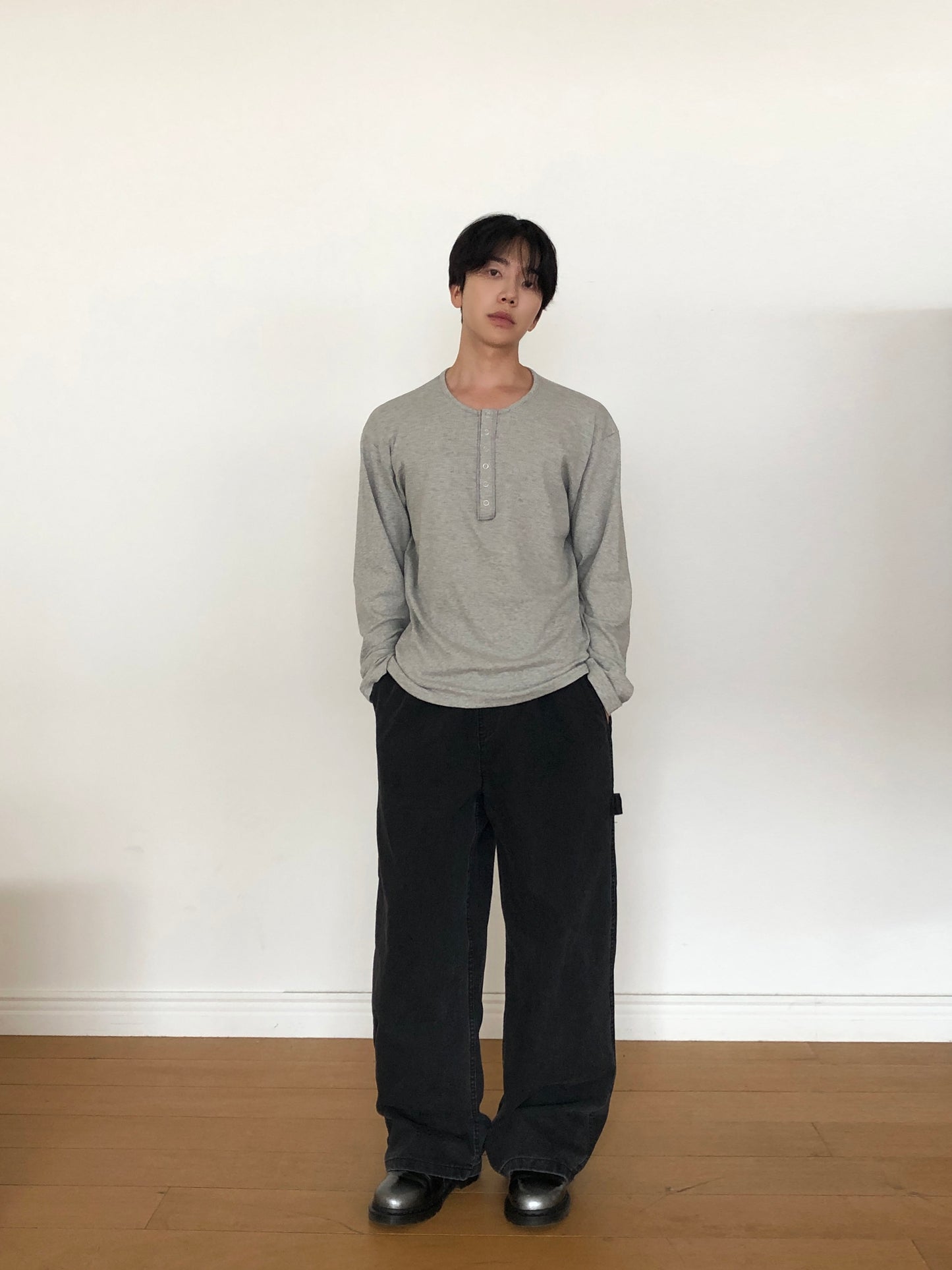 Slub Henley Neck Long Sleeve Tee GRAY