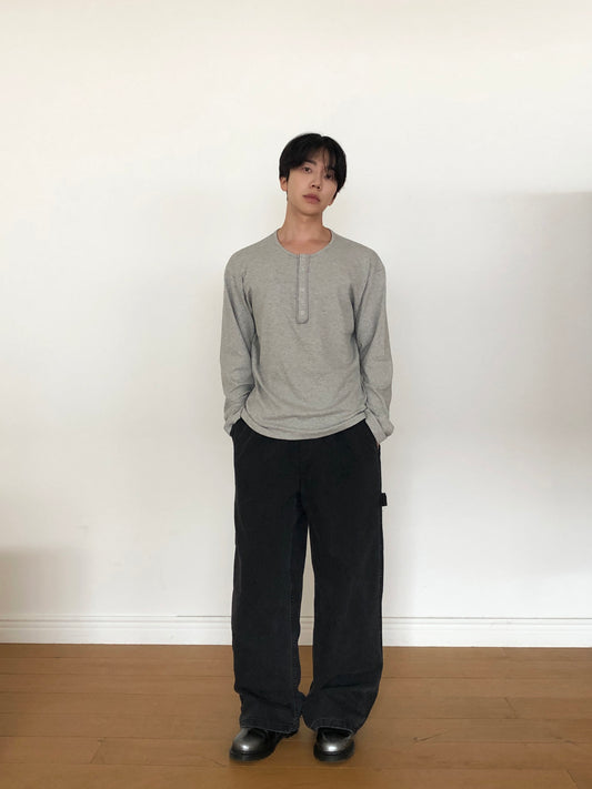 Slub Henley Neck Long Sleeve Tee GRAY