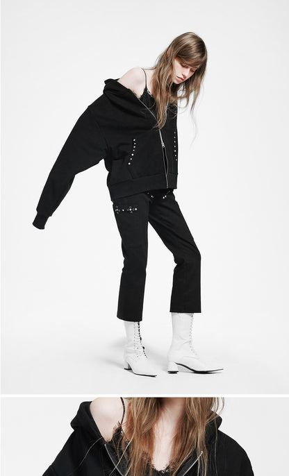 Holy Symbol Oversized Hooded Zip-Up BLACK