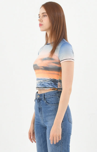 PRINT SHORT SLEEVE CROP T-SHIRT_[SUNSET]