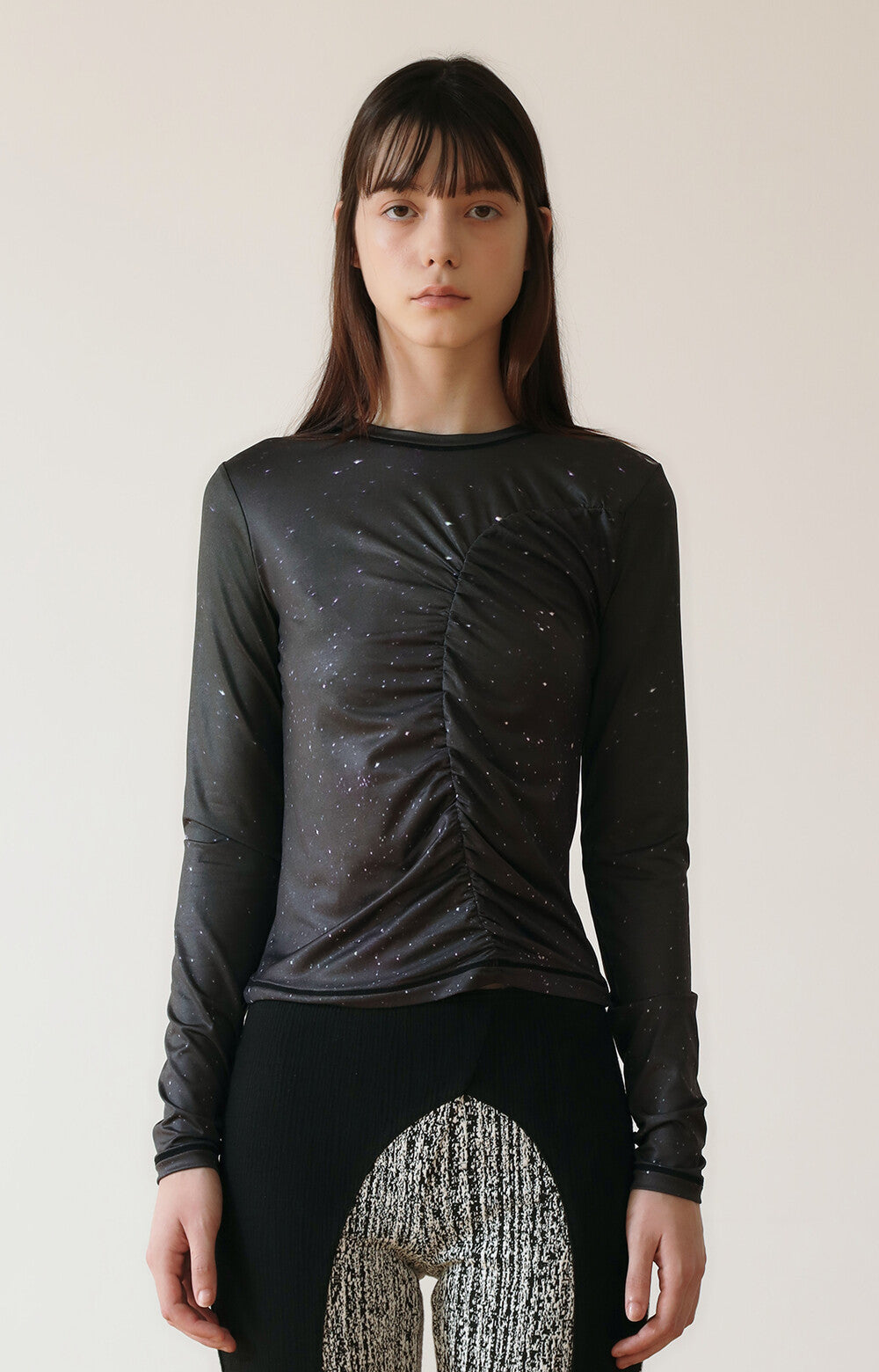 PRINT LONG SLEEVE SHIRRING T-SHIRT_[STAR]
