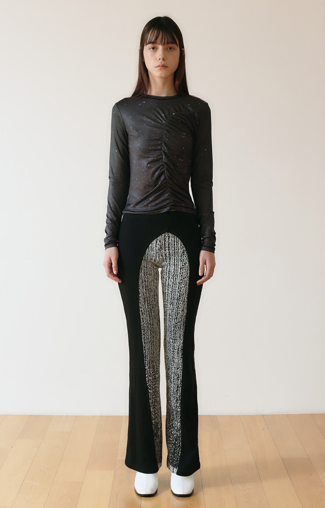 PRINT LONG SLEEVE SHIRRING T-SHIRT_[STAR]