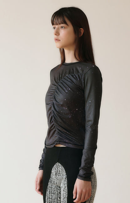 PRINT LONG SLEEVE SHIRRING T-SHIRT_[STAR]