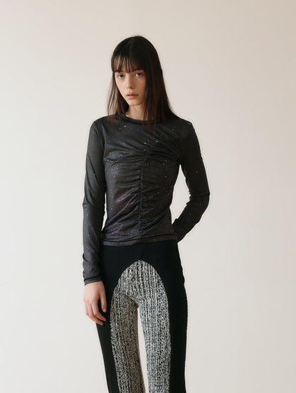 PRINT LONG SLEEVE SHIRRING T-SHIRT_[STAR]