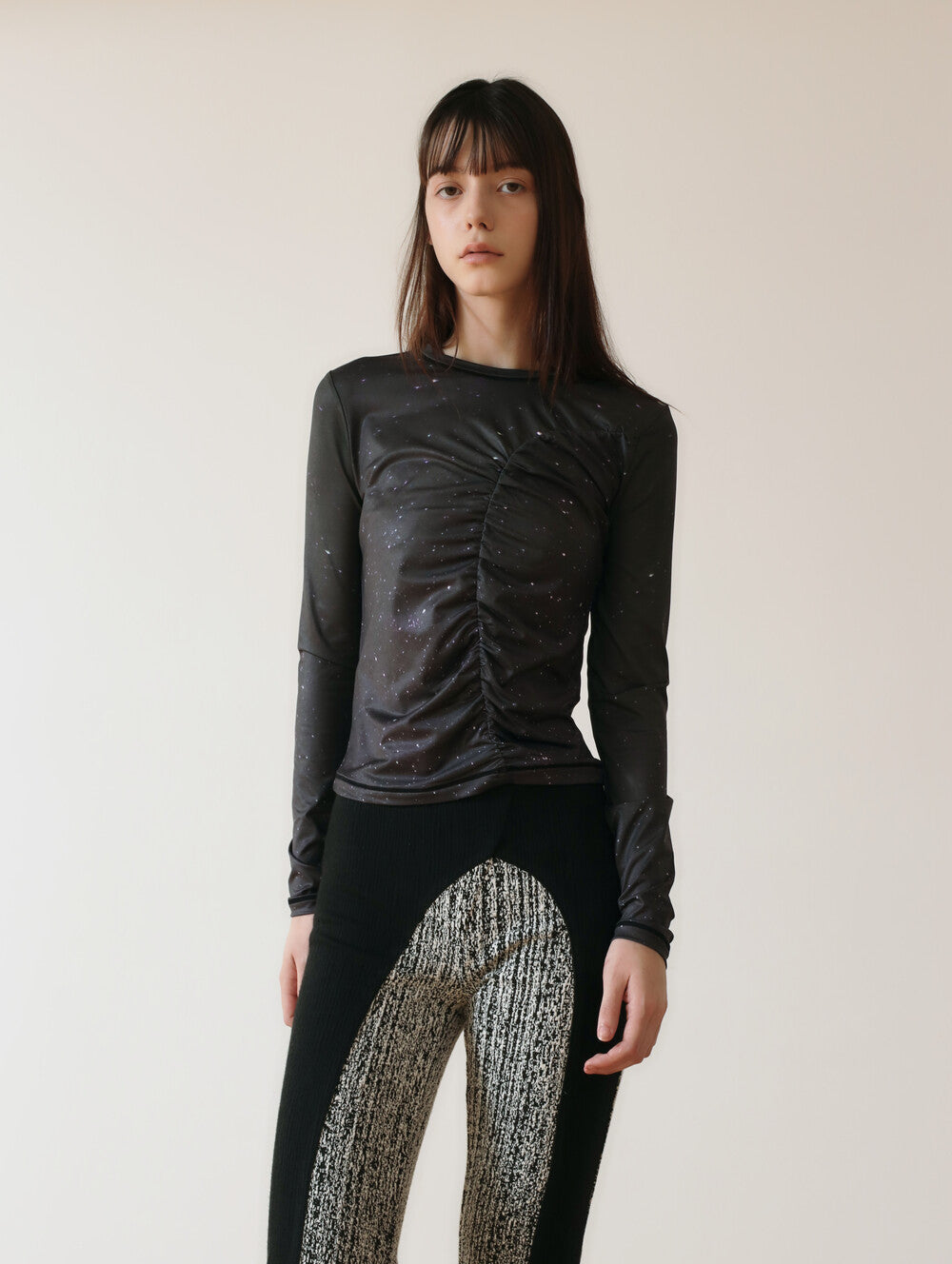 PRINT LONG SLEEVE SHIRRING T-SHIRT_[STAR]