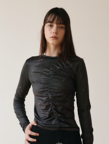 PRINT LONG SLEEVE SHIRRING T-SHIRT_[STAR]
