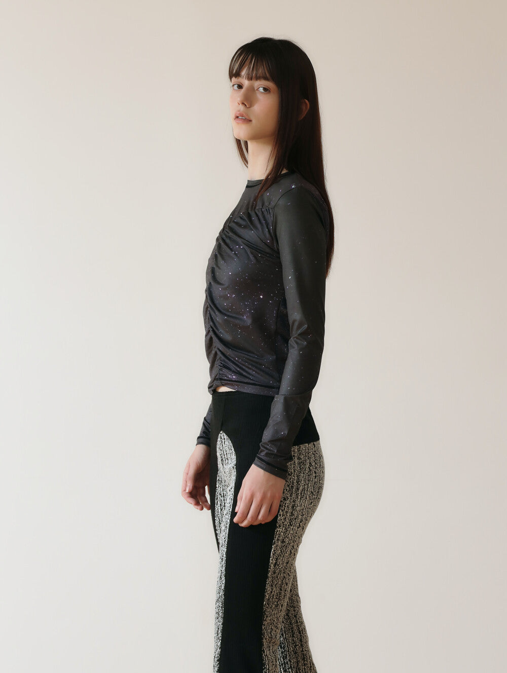 PRINT LONG SLEEVE SHIRRING T-SHIRT_[STAR]
