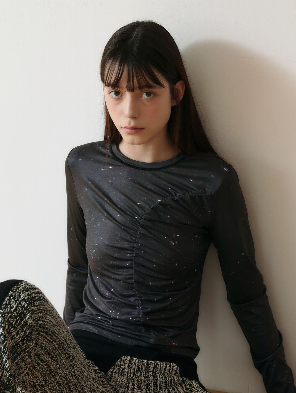 PRINT LONG SLEEVE SHIRRING T-SHIRT_[STAR]