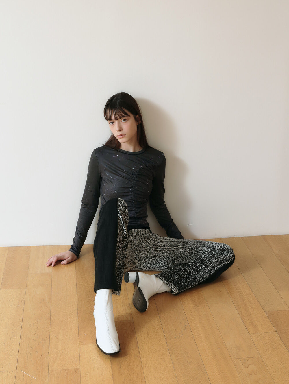 PRINT LONG SLEEVE SHIRRING T-SHIRT_[STAR]