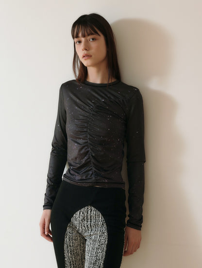 PRINT LONG SLEEVE SHIRRING T-SHIRT_[STAR]