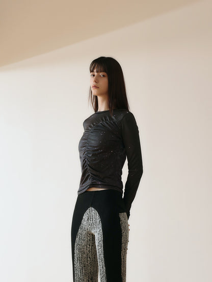 PRINT LONG SLEEVE SHIRRING T-SHIRT_[STAR]