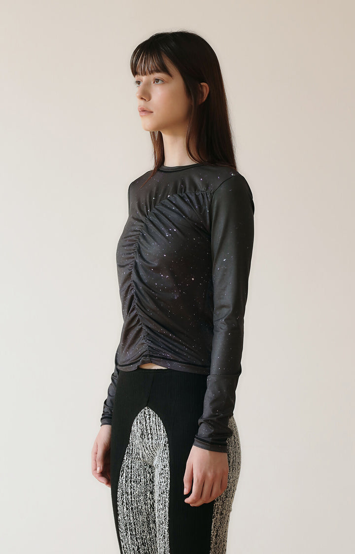 PRINT LONG SLEEVE SHIRRING T-SHIRT_[STAR]