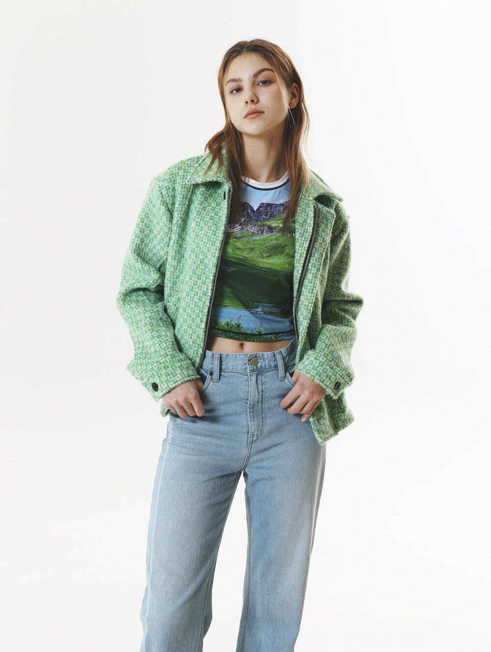 CHECK WOOL & ALPACA JACKET GREEN