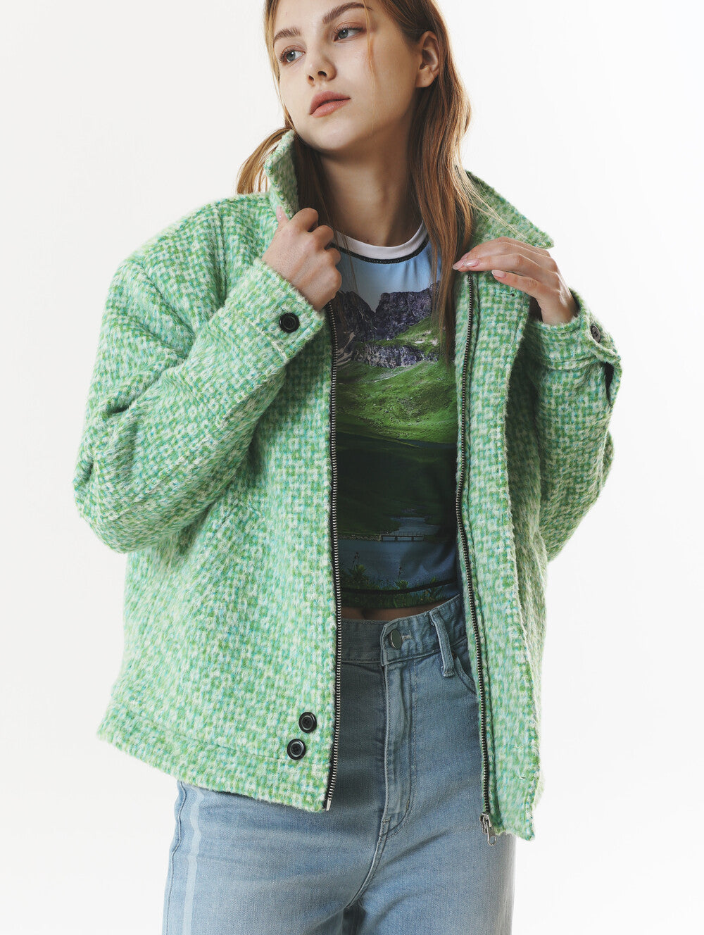 CHECK WOOL & ALPACA JACKET GREEN