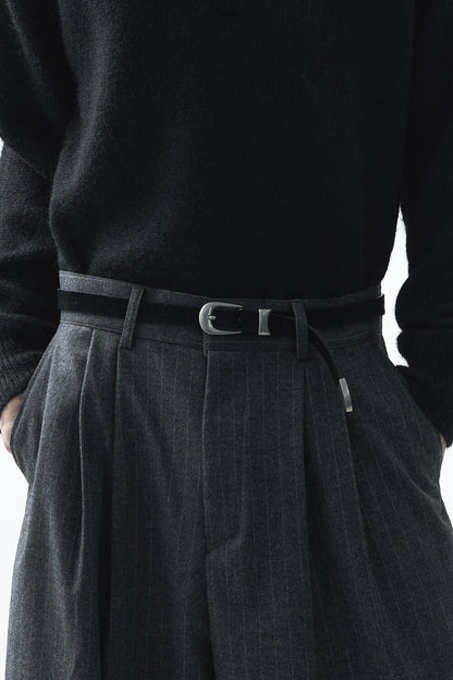Striped woolen pintuck slacks