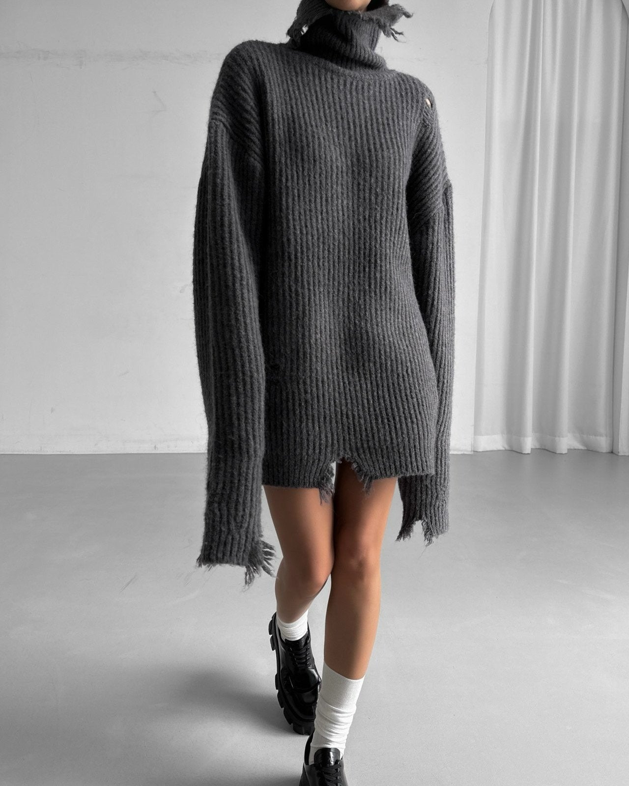 【即納】【PAPERMOON ペーパームーン】AW / Alpaca Blend Wool Chunky Oversized Distressed Turltleneck Knit