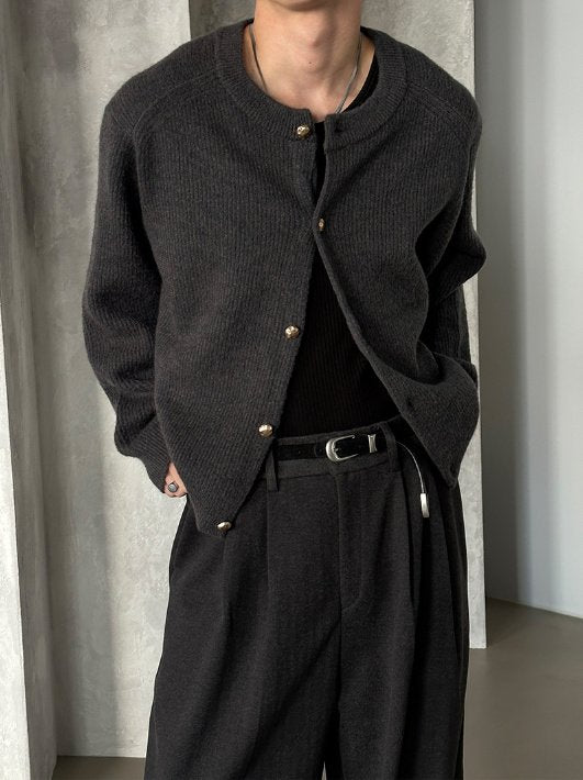 Metal Button Round-Neck Cardigan