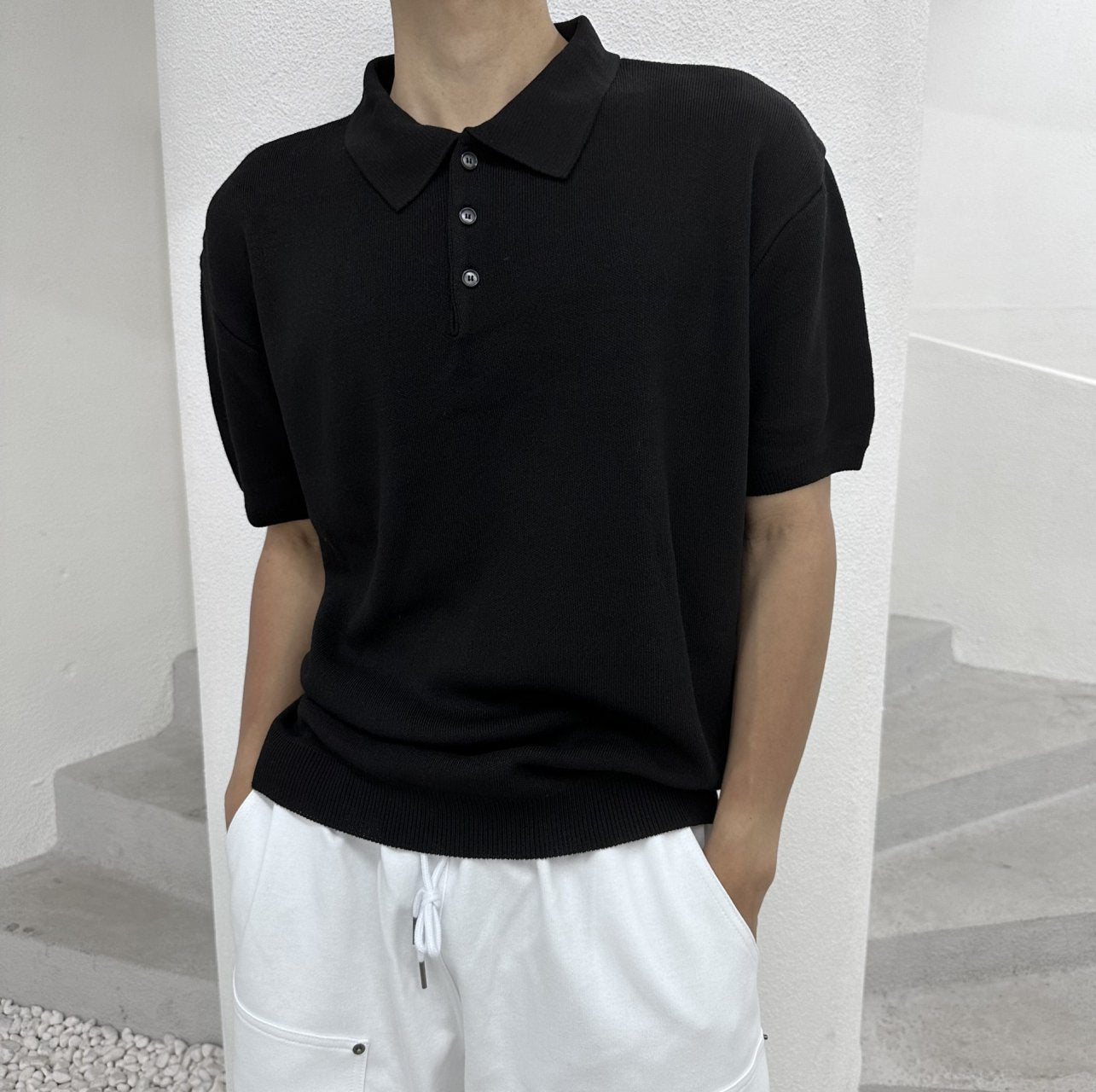 Linen Button Collar Knit