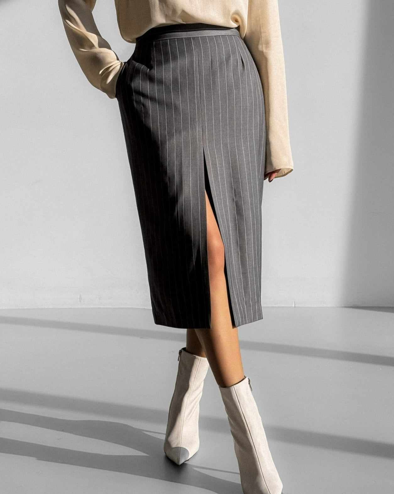 [PAPERMOON] SS / Wide Pin Stripe Set Up Suit Pencil Midi Skirt