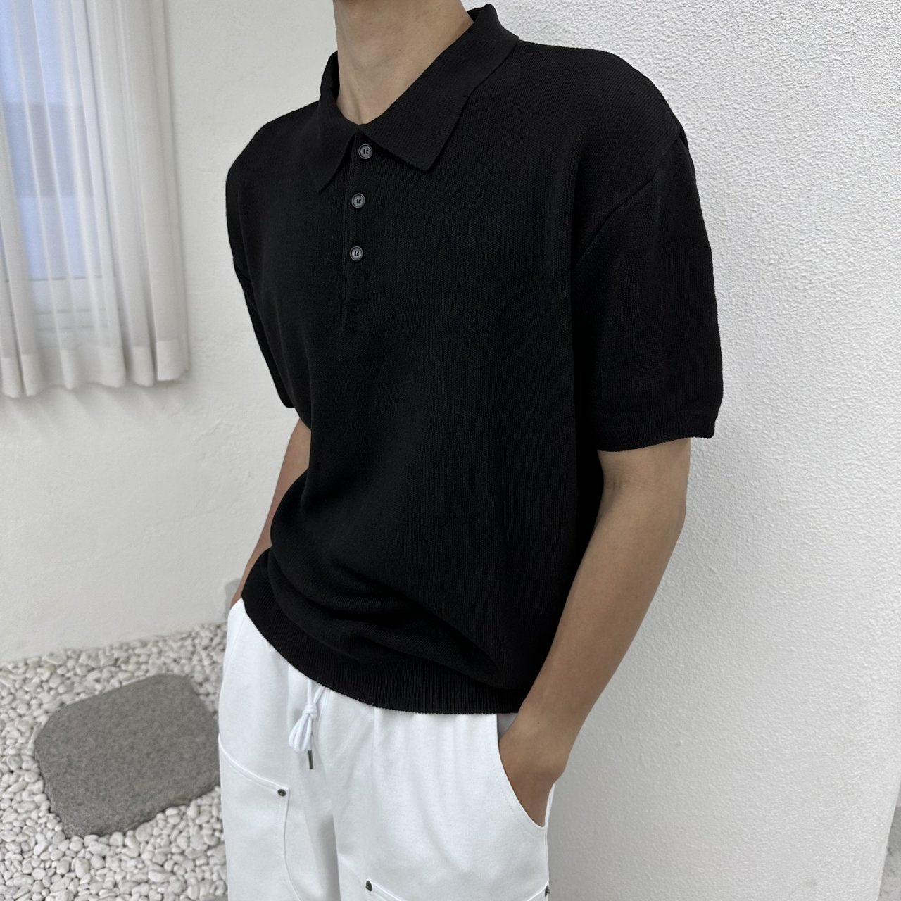 Linen Button Collar Knit