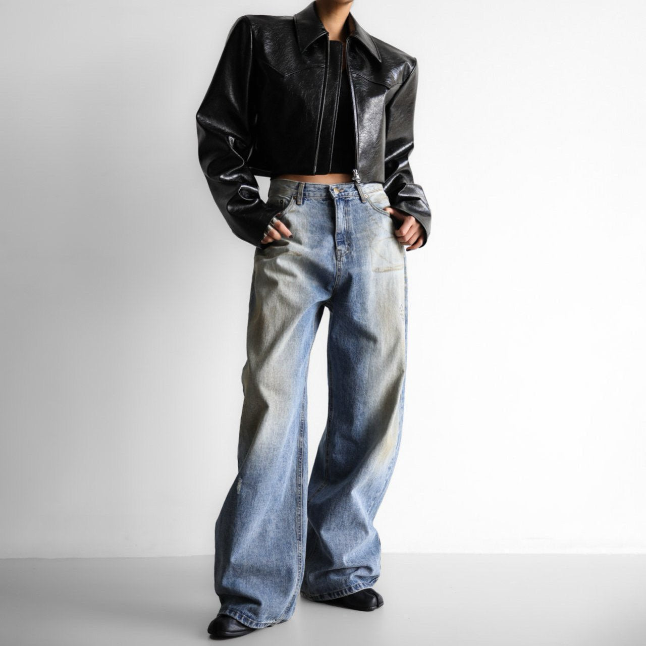 【PAPERMOON 페이퍼 문】SS / Western Zipped Up Vegan Leather Cropped Jacket