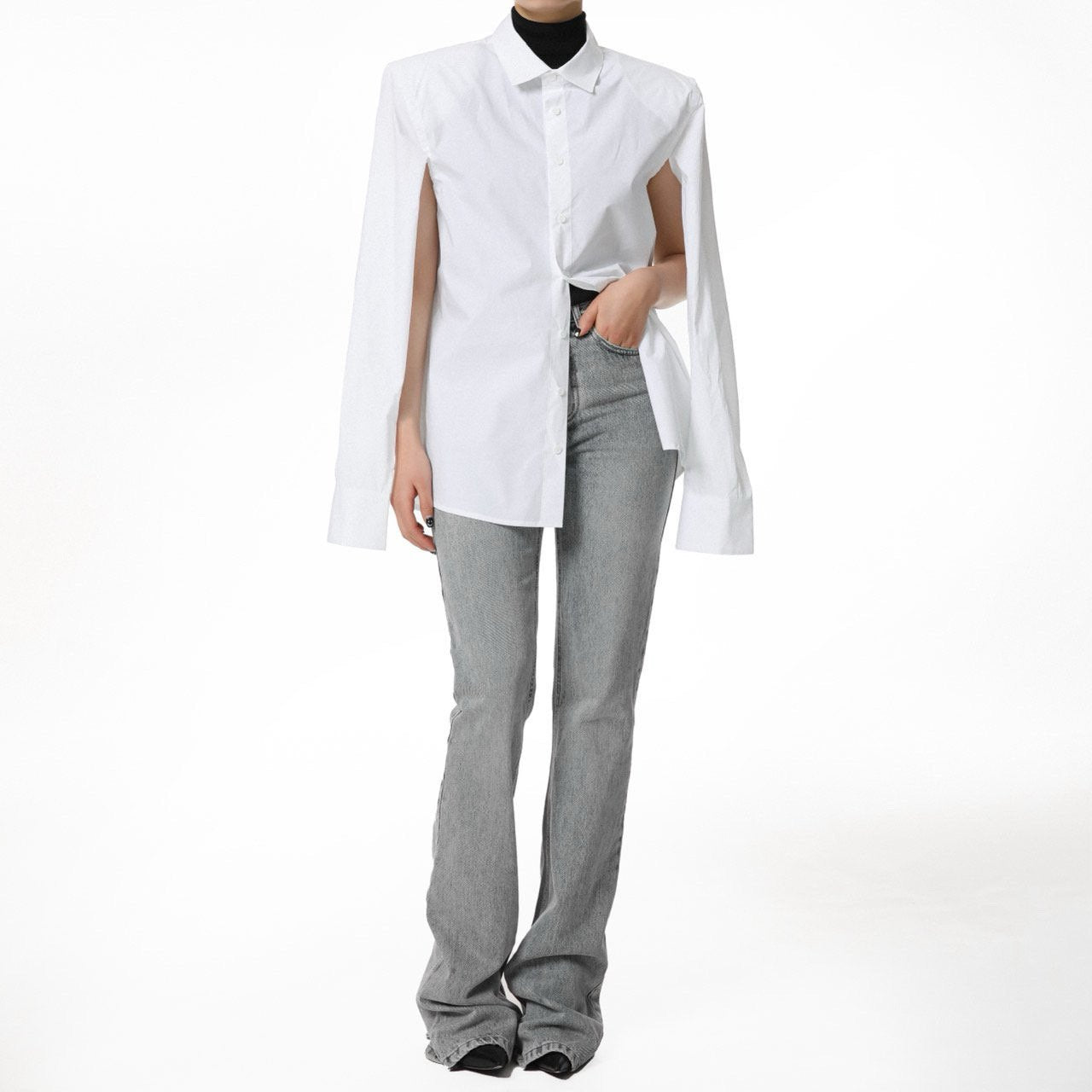 [PAPERMOON] SS / Classic Padded Shoulder Cut Out Detail Button Down Shirt