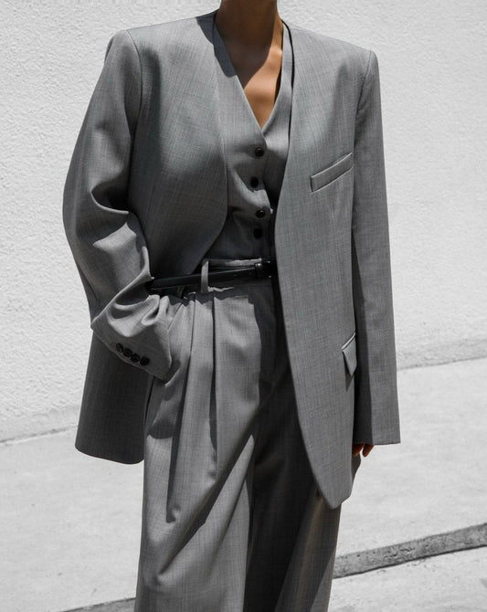 [PAPERMOON] SS / Sharkskin Fabric Collarless Oversized Set Up Blazer