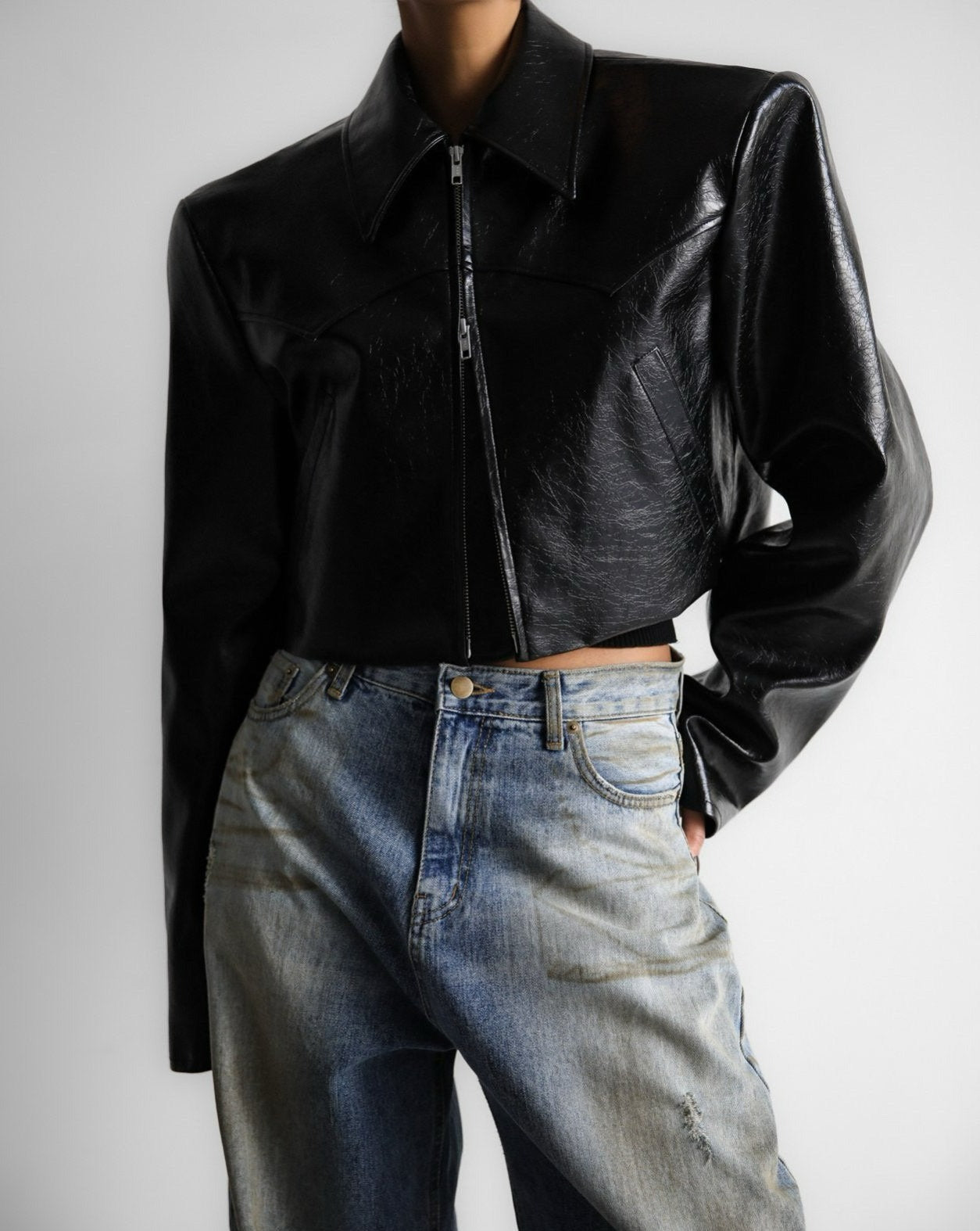 [PAPERMOON] SS / Western Zipped Up Vegan Leather Cropped Jacket