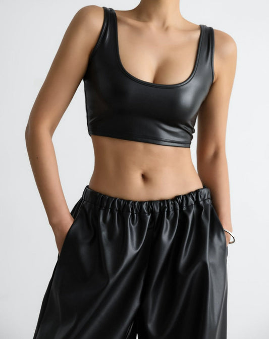 【PAPERMOON 페이퍼 문】SS / Vegan Leather Cropped Sleeveless Tank Top