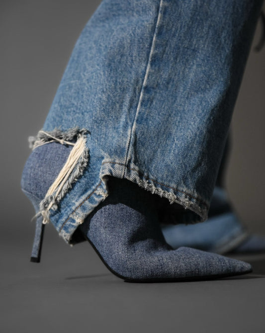 [PAPERMOON] SS / Vintage Blue Distressed Damage Wash Wide-Leg Jeans