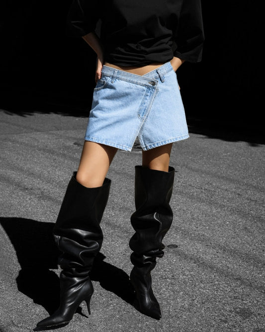 【PAPERMOON ペーパームーン】SS / Washed Blue Denim Zipped Up Wrap Mini Skirt