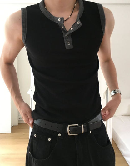 Waffle Contrast Henley Tank Top