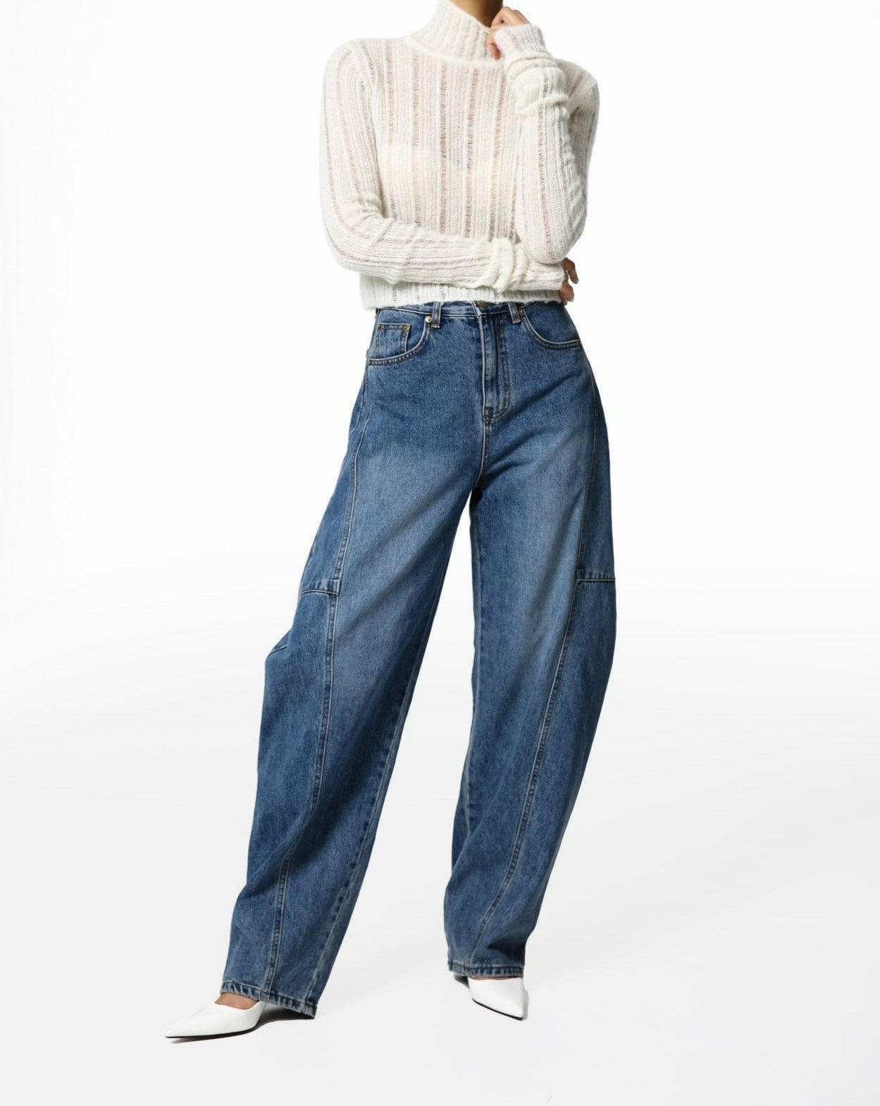 【PAPERMOON 페이퍼 문】AW / Side Stitch Detail Voulme Blue Denim Jeans