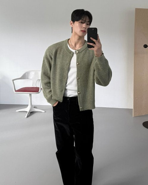 Metal Button Round-Neck Cardigan