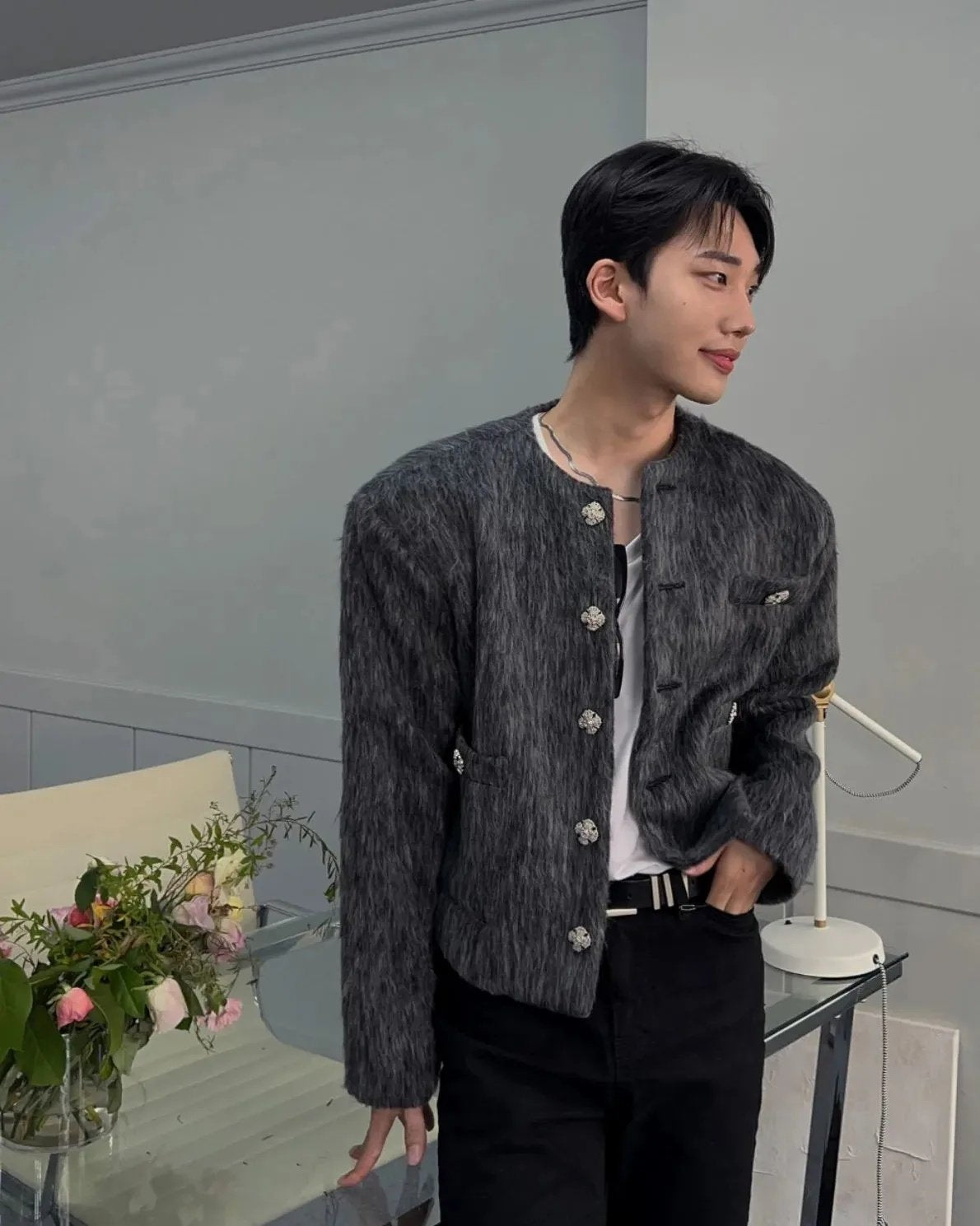 Shaggy Jewel-Button Cardigan Jacket