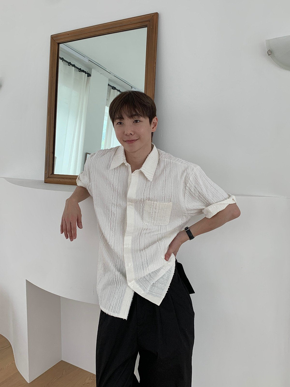 Crinkle Texture Open-Collar Shirt