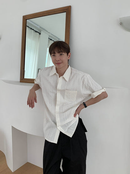 Crinkle Texture Open-Collar Shirt