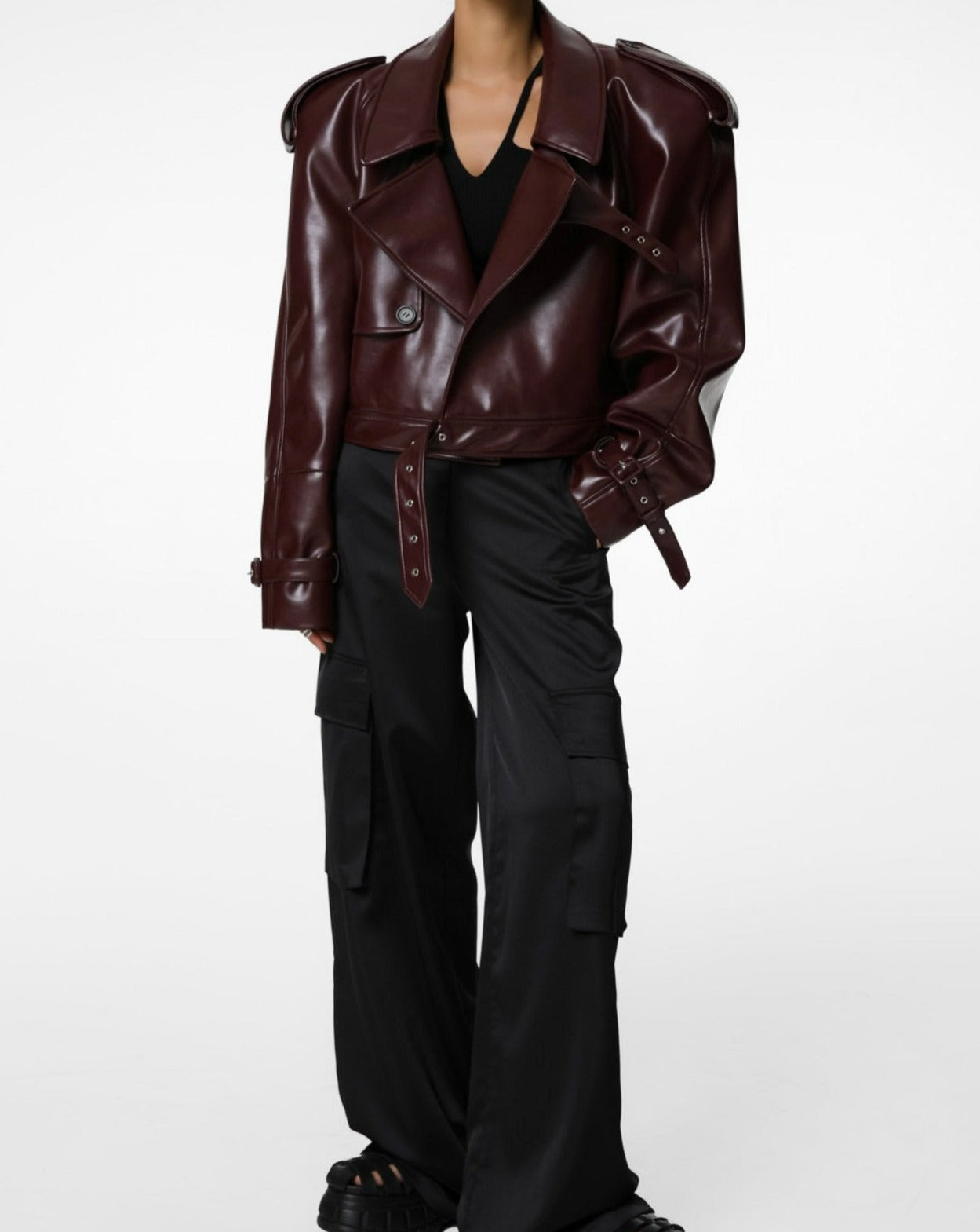 [Ready to ship] [PAPERMOON] AW / Belted Buckle Detail Chunky Cropped Leather Trench Jacket