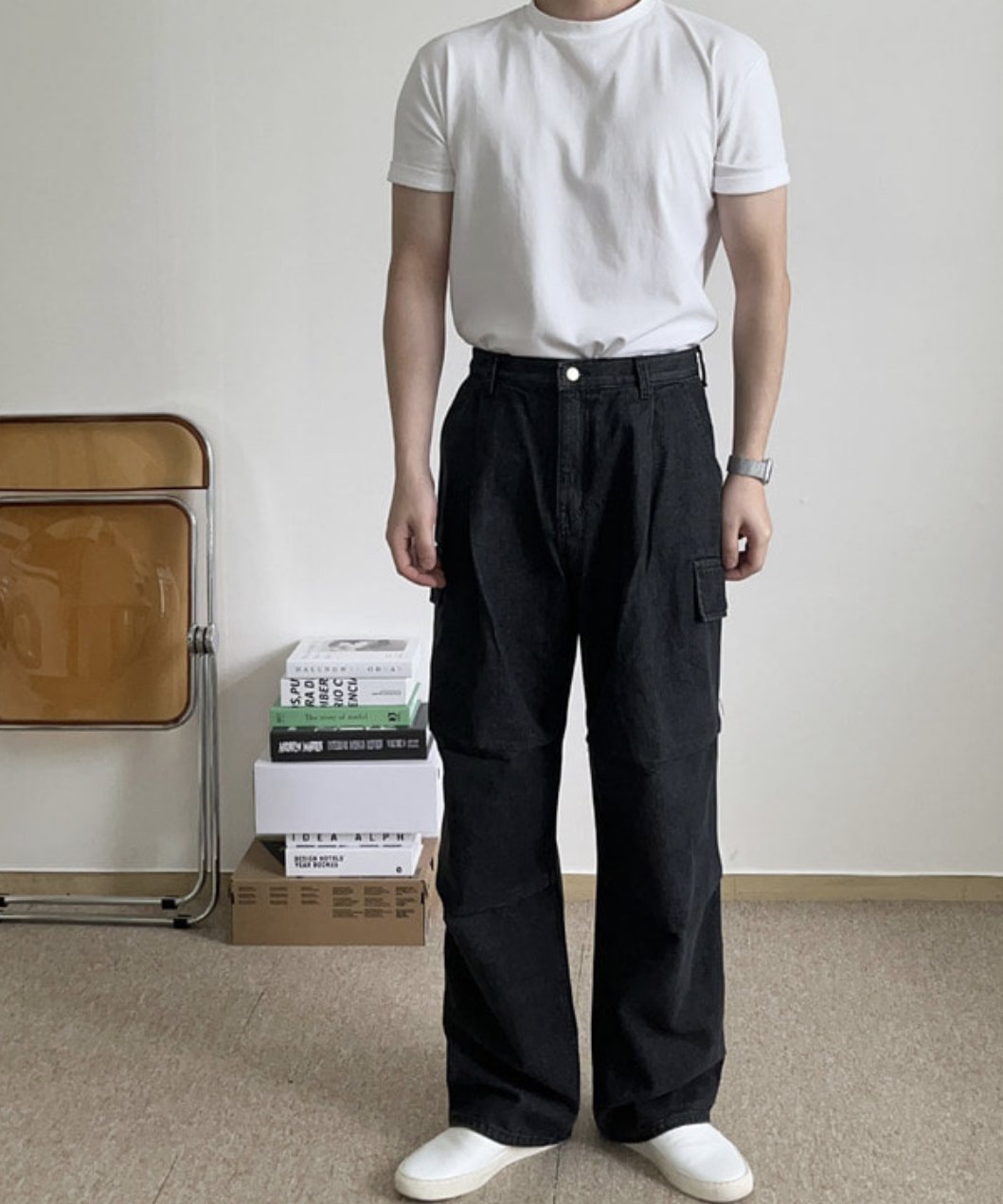 Curved Black Cargo Denim Pants