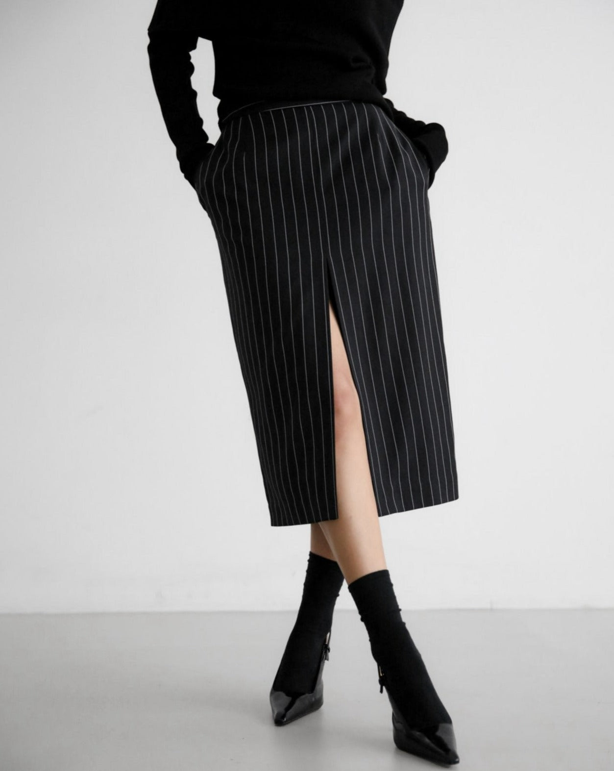 【PAPERMOON ペーパームーン】SS / Wide Pin Stripe Set Up Suit Pencil Midi Skirt