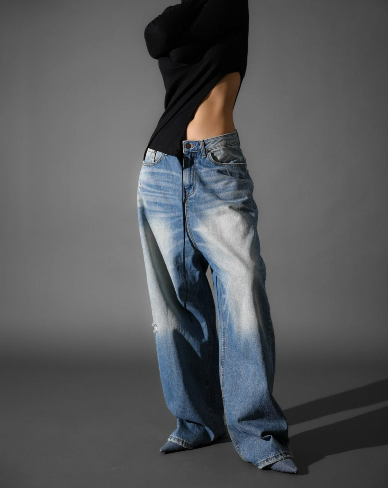 【PAPERMOON 페이퍼 문】SS / Vintage Blue Distressed Damage Wash Wide-Leg Jeans