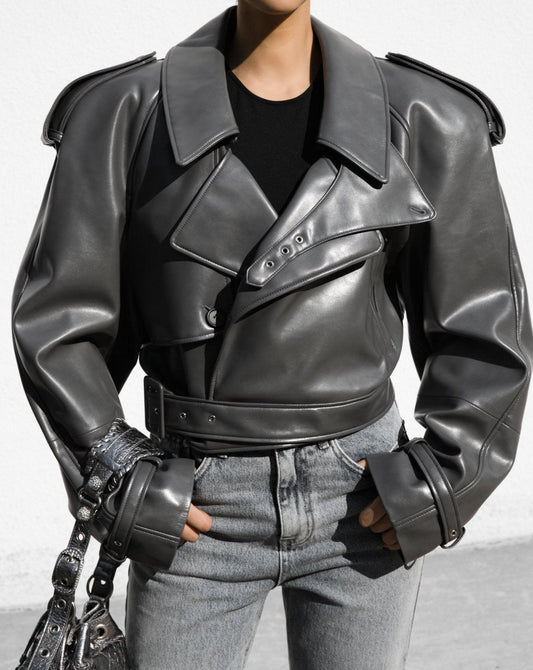 [Ready to ship] [PAPERMOON] AW / Belted Buckle Detail Chunky Cropped Leather Trench Jacket