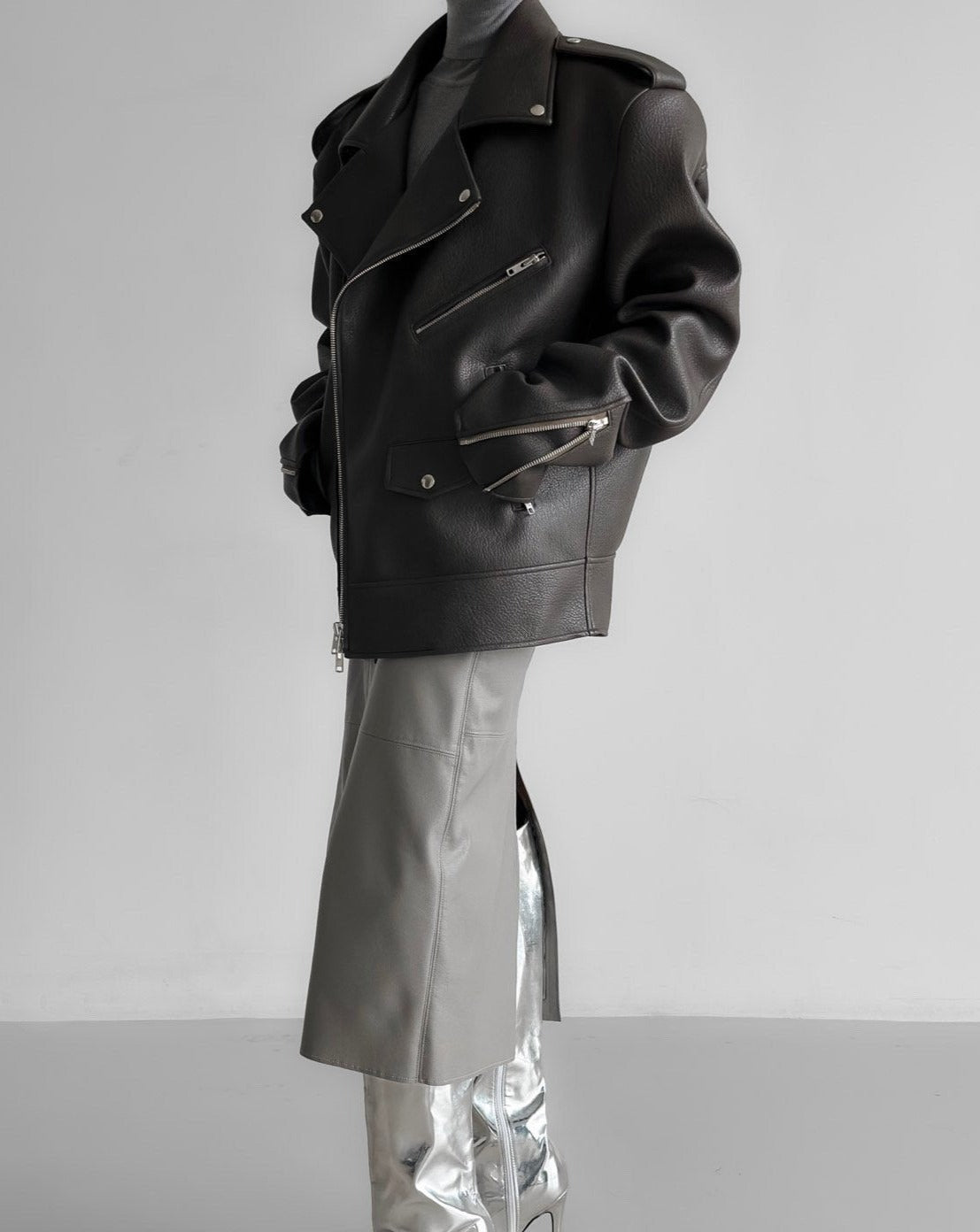 [PAPERMOON] AW / Oversized Chunky Zipped Vegan Leather Biker Jacket