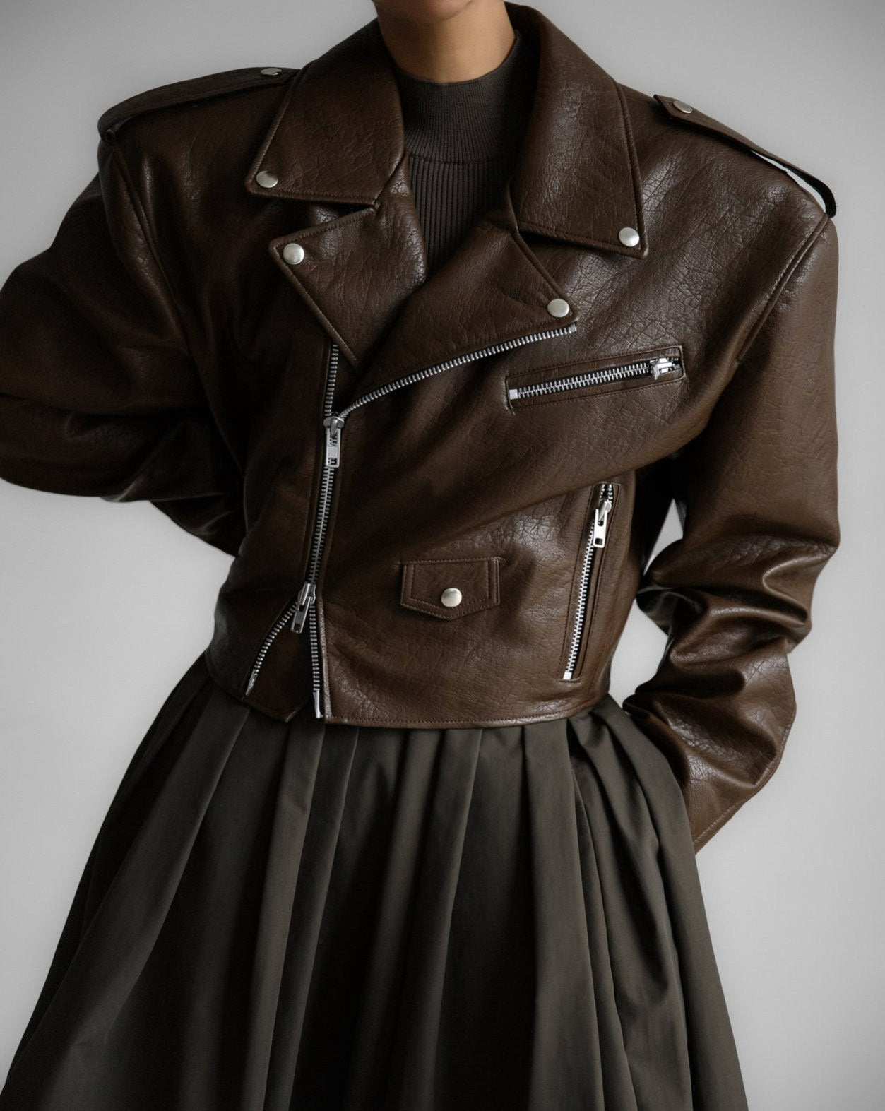 【PAPERMOON 페이퍼 문】AW / Oversized Vegan Leather Cropped Chunky Biker Jacket