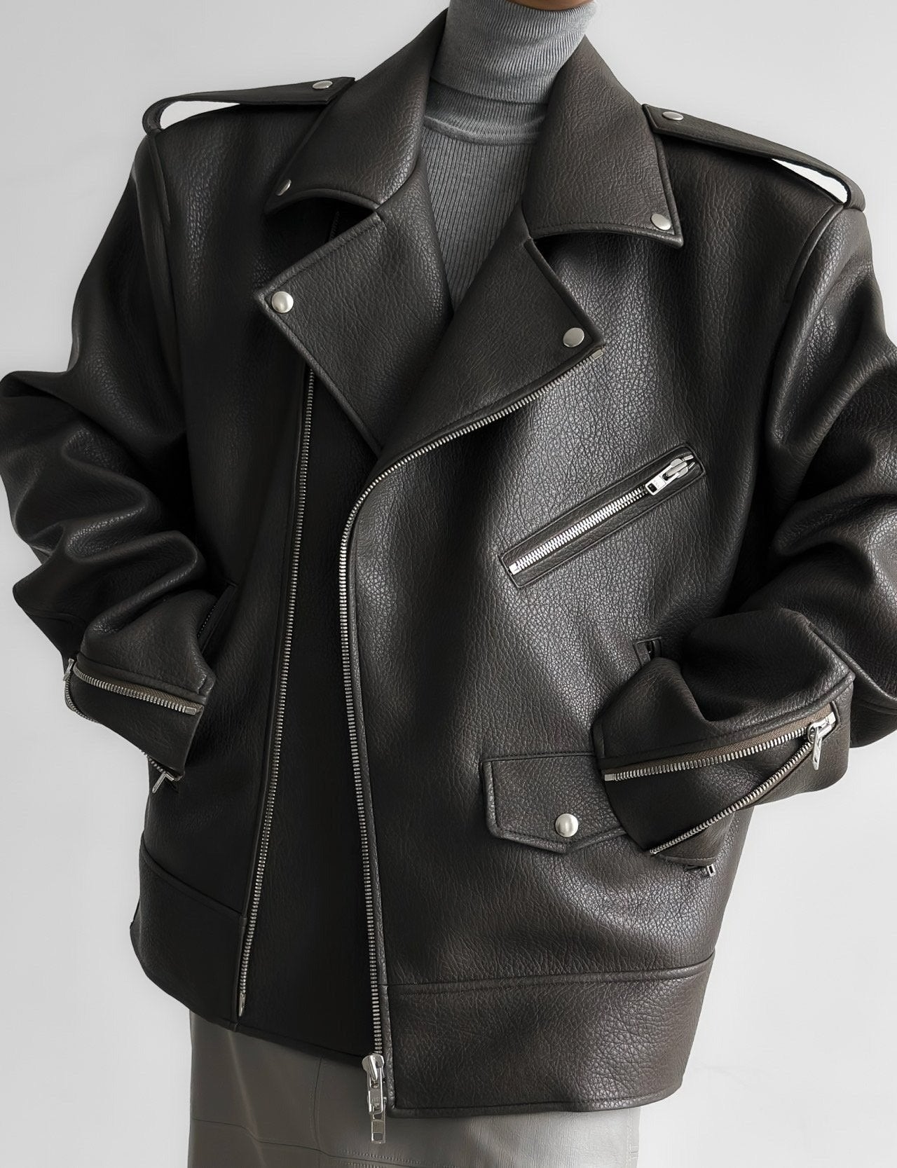 [PAPERMOON] AW / Oversized Chunky Zipped Vegan Leather Biker Jacket